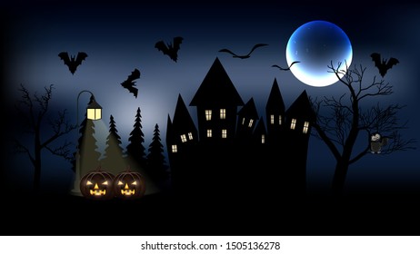 Happy Halloween, vector postcard with old houses, full big moon, Ghost, bats and pumpkin Jack

