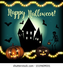 Happy Halloween, vector postcard with old houses, full big moon, birds, bats. Vector illustration. Vector template for your art/