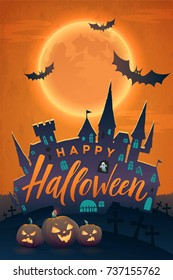 Happy Halloween Vector  Poster. Angry Pumpkins, Scary Castle.
