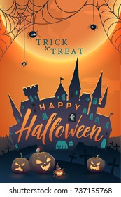 Happy Halloween Vector  Poster. Angry Pumpkins, Scary Castle.