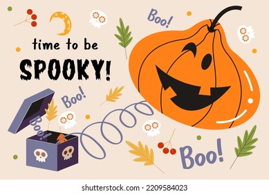 Happy Halloween vector poster, banner, invitation with orange scary and funny pumpkins.