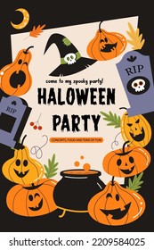Happy Halloween vector poster, banner, invitation with orange scary and funny pumpkins.