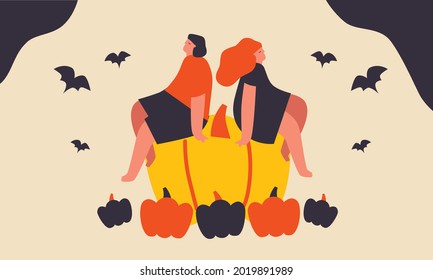 Happy Halloween vector poster. Cartoon modern woman and man with pumpkins. Happy Halloween events, festival and fair, banner, poster design. Autumn holiday.