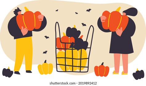 Happy Halloween vector poster. Cartoon modern woman and man with pumpkins. Happy Halloween events, festival and fair, banner, poster design. Autumn holiday.