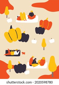 Happy Halloween vector poster. Cartoon modern woman and man with pumpkins. Happy Halloween events, festival and fair, banner, poster design. Autumn holiday.