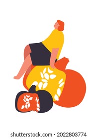 Happy Halloween vector poster. Cartoon modern man with pumpkins. Happy Halloween events, festival and fair, banner, poster design. Autumn holiday.