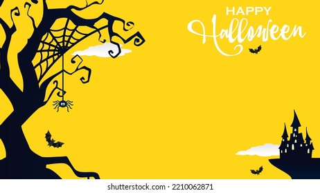 Happy Halloween vector poster with copy space. Scary haunted house castle, spooky tree with spider and flying bat design over yellow background. October party, autumn traditional holiday