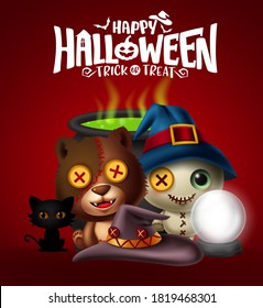 Feliz diseño de afiche vectorial de Halloween. Feliz texto de halloween con personajes aterradores con oso, oso de peluche y silueta de gato con sombrero, bola de cristal y olla para la fiesta de halloween. Ilustración del vector 