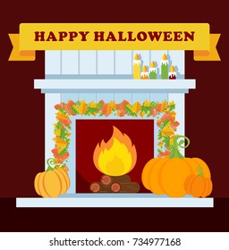 Happy halloween vector poster. Fireplace and candles, wreath of leaves, pumpkin. Flat cartoon illustration. Objects isolated on white background.