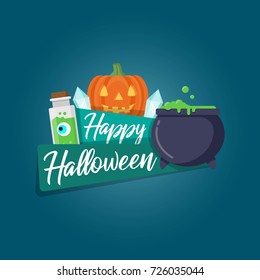 Happy Halloween vector poster, greeting card design element, sticker with cauldron, pumpkin, potion bottle. 