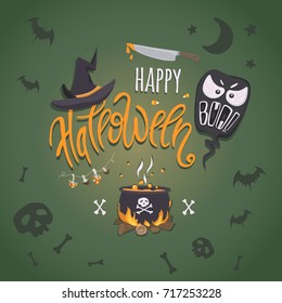Happy halloween. Vector poster with hand-drawn lettering and traditional halloween elements:pot with a potion,witch hat,ghost, bunch of poisonous mushrooms, knife with fake blood,bats,skulls and bones
