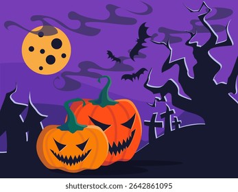Happy Halloween vector poster illustration with pumpkins, bat  characters elements design for horror party invitation. Holiday vector poster, print.
