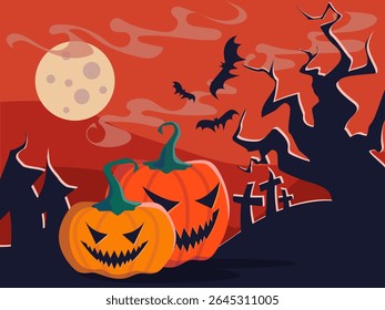 Happy Halloween vector poster illustration with pumpkins, bat characters elements design for horror party invitation. Holiday vector poster, print.
