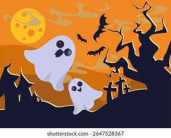 Happy Halloween vector poster illustration with ghost, bat characters elements design for horror party invitation. Holiday vector poster, print.
