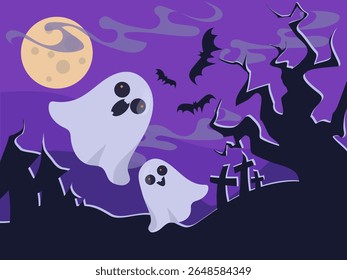 Happy Halloween vector poster illustration with ghost, bat characters elements design for horror party invitation. Holiday vector poster, print.