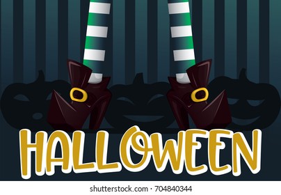 Happy halloween vector poster with witch legs and pumpkins