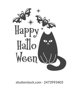 Feliz cita de Vector de Halloween. Linda Ilustración vectorial de gato negro. Halloween embrujado, boo espeluznante. Festiva cita diseño divertido aislado sobre fondo blanco.