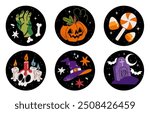 Happy Halloween Vector Round Shape Stickers. Cake Toppers with pumpkin, White Skull, candy corn, Bat and witch hat on a Black Background. Decoration for Halloween Party.