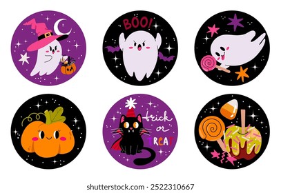 Happy Halloween Vector Round Shape Stickers. Cute Cake Toppers with pumpkin, ghosts candy corn and cat on a Black Background. Decoration for Halloween Party.