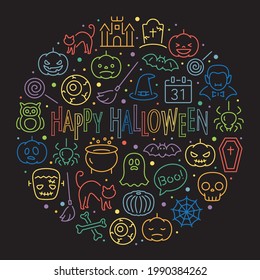 Happy halloween vector round shaped icon. neon color on black background.