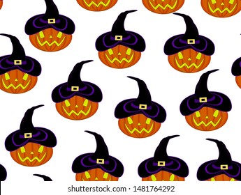 Happy Halloween vector seamless  background with hand drawn pumpkins in hats