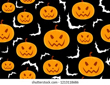 Happy Halloween vector seamless decorative background with hand drawn pumpkins and bats