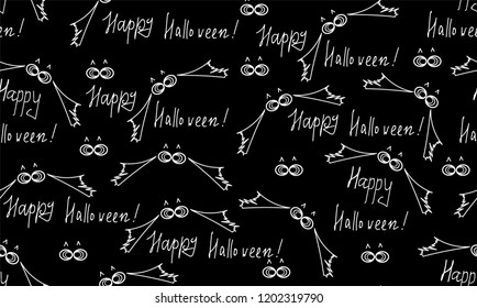 Happy Halloween vector seamless pattern with flying bats and handwritten word