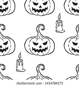 Happy Halloween vector seamless pattern with pumpkin and candles. Seamless vector background for textile design, wallpaper, surface textures, t-shirts, school supplies. Hand draw texture pattern.