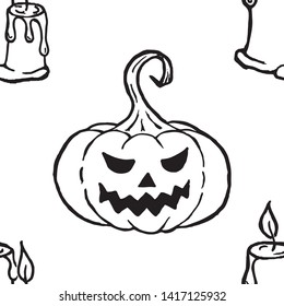 Happy Halloween vector seamless pattern with pumpkin and candles. Seamless vector background for textile design, wallpaper, surface textures, t-shirts, school supplies. Hand draw texture pattern.