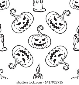 Happy Halloween vector seamless pattern with pumpkin and candles. Seamless vector background for textile design, wallpaper, surface textures, t-shirts, school supplies. Hand draw texture pattern.