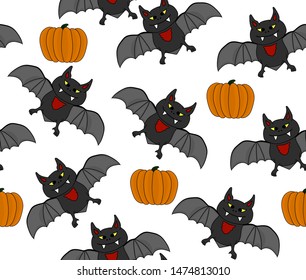 Happy Halloween vector seamless pattern with handwritten pumpkins and bats