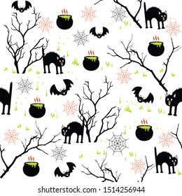 Happy Halloween vector seamless pattern with scary cat spider web ghost and bat in trick or treat candy of spooky night moon perfect for illustration art-print party
