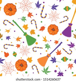 Happy Halloween vector seamless pattern with witches broom spider web orange pumpkin lollipop and autumn leaves in trick or treat candy of spooky night moon perfect for illustration art-print party