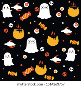 Happy Halloween vector seamless pattern with white ghost skeleton witches brew orange candy and eyeball in trick or treat candy of spooky night moon perfect for illustration art-print party