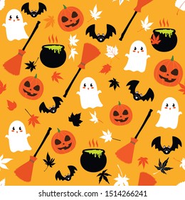 Happy Halloween vector seamless pattern with white ghost witch broom spider web orange pumpkin bat and autumn leaves in trick or treat of spooky night moon perfect for illustration art-print party