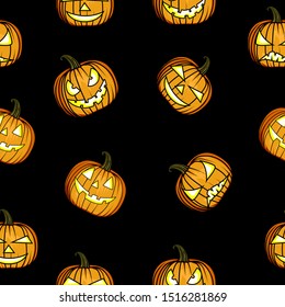 Happy halloween vector seamless pattern. Halloween orange festive seamless pattern. Endless background with pumpkins - Vector