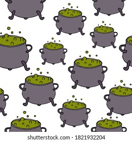 Happy Halloween vector seamless pattern. Poison pot background. Holiday colorful texture  for wrapping, wallpaper, textile, scrapbooking. Hand drawn vector illustration in doodle style.