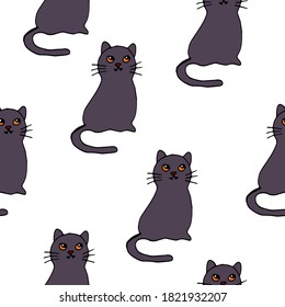 Happy Halloween vector seamless pattern. Cat background. Holiday colorful texture  for wrapping, wallpaper, textile, scrapbooking. Hand drawn vector illustration in doodle style