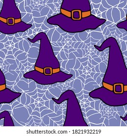 Happy Halloween vector seamless pattern. Witch hat background. Holiday colorful texture  for wrapping, wallpaper, textile, scrapbooking. Hand drawn vector illustration in doodle style.
