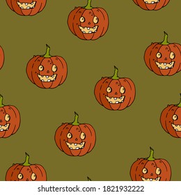 Happy Halloween vector seamless pattern. Pumpkin background. Holiday colorful texture  for wrapping, wallpaper, textile, scrapbooking. Hand drawn vector illustration in doodle style.