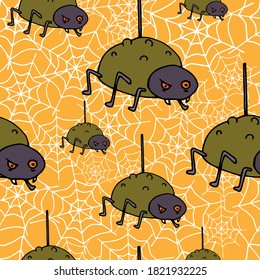 Happy Halloween vector seamless pattern. Spider web background. Holiday colorful texture  for wrapping, wallpaper, textile, scrapbooking. Hand drawn vector illustration in doodle style.