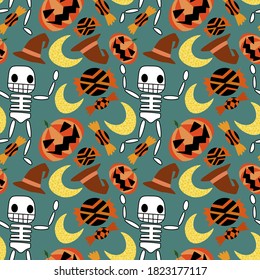 Happy halloween vector seamless pattern with skeletons, witch hats, candies, moons and pumpkins. Funny cartoon characters halloween seamless pattern. Fall holiday vector endless texture for kids.