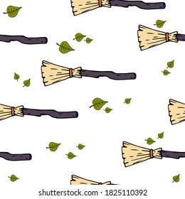 Happy Halloween vector seamless pattern. Broom background. Holiday colorful texture  for wrapping, wallpaper, textile, scrapbooking. Hand drawn vector illustration in doodle style