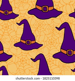 Happy Halloween vector seamless pattern. Witch hat background. Holiday colorful texture  for wrapping, wallpaper, textile, scrapbooking. Hand drawn vector illustration in doodle style.