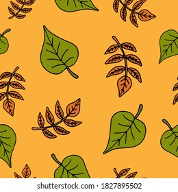 Happy Halloween vector seamless pattern. Autumn leaves background. Holiday colorful texture  for wrapping, wallpaper, textile, scrapbooking. Hand drawn vector illustration in doodle style