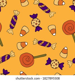 Happy Halloween vector seamless pattern. Candy, sweets background. Holiday colorful texture  for wrapping, wallpaper, textile, scrapbooking. Hand drawn vector illustration in doodle style