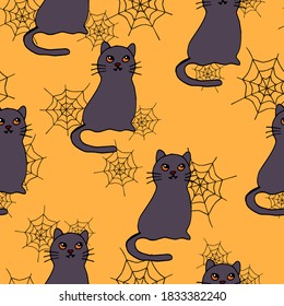 Happy Halloween vector seamless pattern. Cat background. Holiday colorful texture  for wrapping, wallpaper, textile, scrapbooking. Hand drawn vector illustration in doodle style