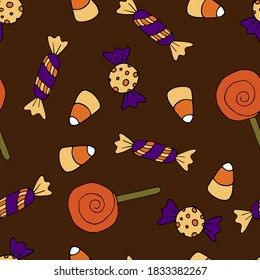 Felíz patrón sin fisuras vectorial de Halloween. Candy, dulces de fondo. Textura colorida de vacaciones para envoltura, papel pintado, textil, scrapbooking. Ilustración vectorial dibujada a mano en estilo doodle