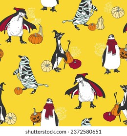 Happy Halloween vector seamless pattern with penguins in holiday costumes of a vampire, mummy, wizard, and with ghost pumpkin