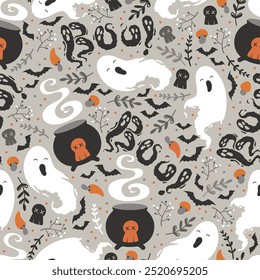 Happy Halloween vector seamless pattern with cute ghosts, sweets, witch cauldron, bats and skulls isolated on grey background. Illustration for poster, greeting card, fabric print, invitation